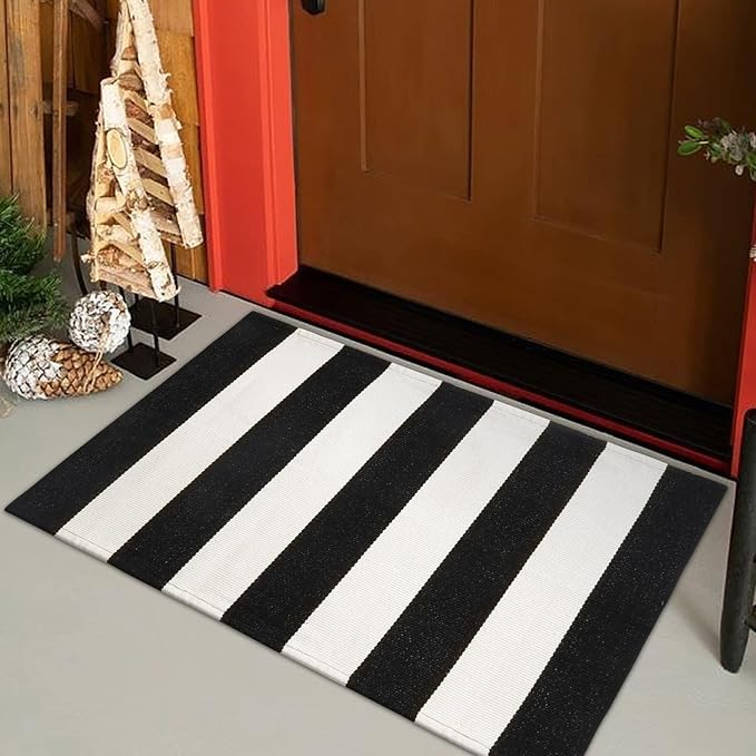 LEEVAN Black and White Striped Rug 2x3 Washable Welcome Go Away Door Mat | Cotton Woven Front Porch Rugs, Layered Door Mats Outdoor Door Mats, Farmhouse Doormat Door Mat Indoor Entrance Halloween Rug