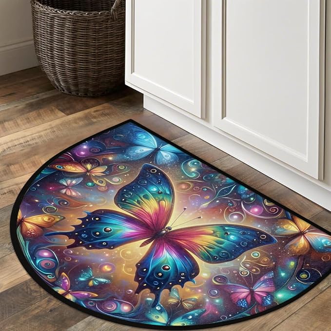 Abstract Butterfly Half Round Door Mat Semi Circle Rug Half Moon Doormat | Abstract Butterfly Soft Washable Welcome Entrance Mat for Outdoor Indoor Floor Bedroom Bathroom Home Kitchen Festival Decor
