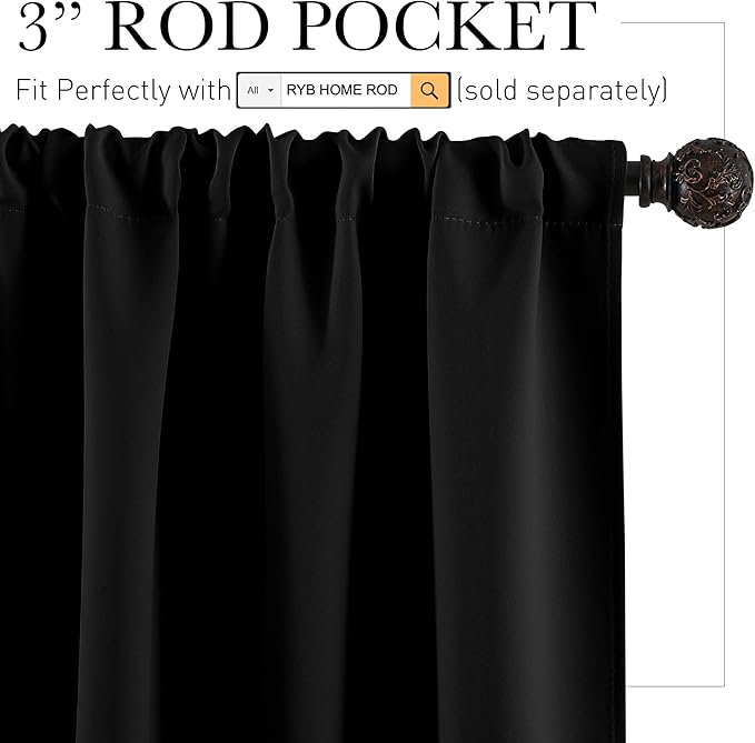 RYB HOME Half Curtain Tiers 36 inch Length, Rod Pocket Summer Heat Blocking Thermal Insulated Short Blackout Curtains for Small Window, Width 34 by Length 36, Black, 2 Panels
