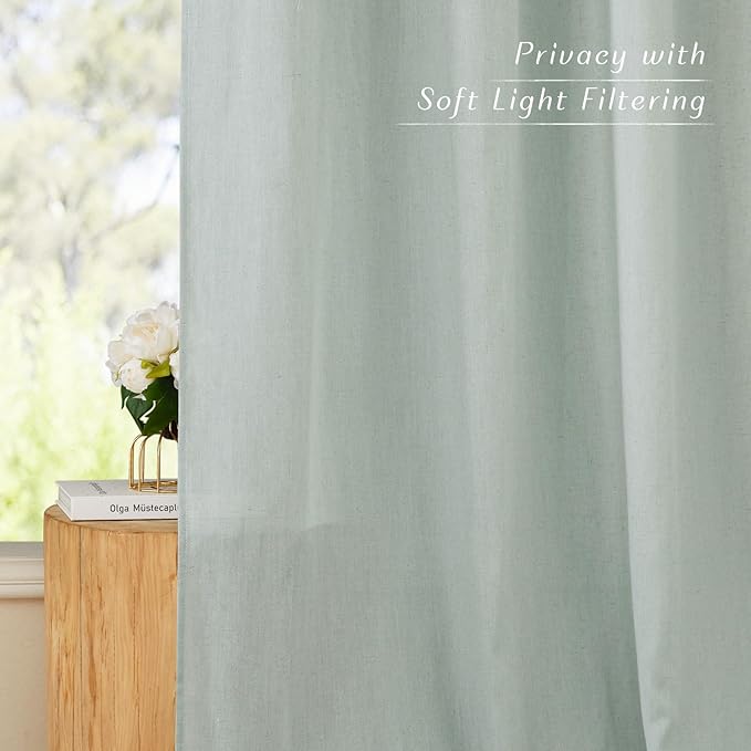 NICETOWN Flax Linen Sage Green 108 inch Curtains, Grommet Thick Linen Blend Textured Privacy Added with Light Filtering Window Treatment for Bedroom/Living Room, W55 x L108, 2 Panels