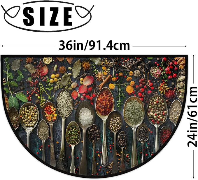 Spices Half Round Doormat Non-Slip Semi Circle Rug Half Moon Mat | Chili Kitchen Spoon Washable Soft Absorbent Indoor Outdoor Entrance Kitchen Bathroom Sink Patio Welcome Fireplace Floor Rug