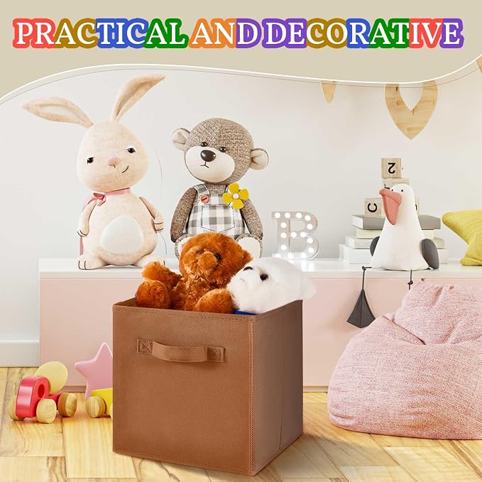Yinder 12 Pcs Cube Storage Bin Brown 10.5''x10.5''x11'' Storage Bins for Kids Classroom Decor Colorful Bins Foldable Baskets for Playroom Nursery Organizer Fabric Boxes (Brown, Beige, Khaki )