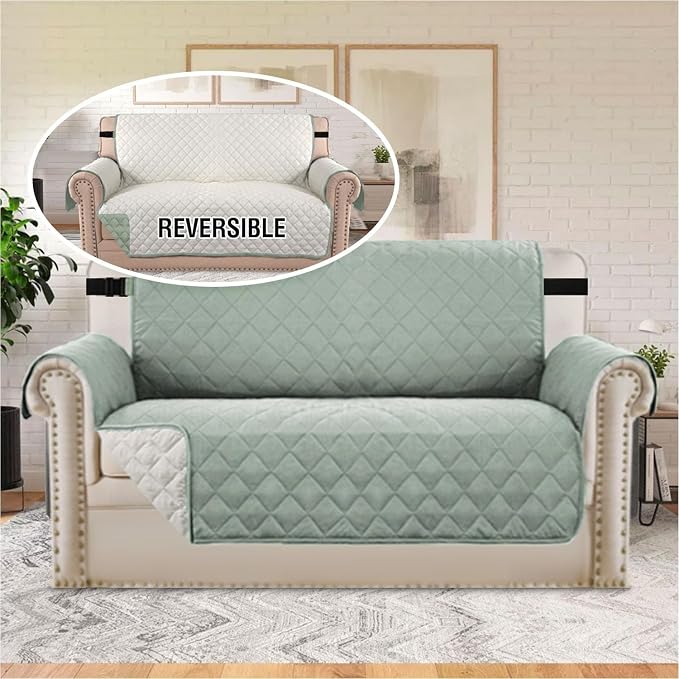 H.VERSAILTEX Reversible Loveseat Couch Cover for 2 Cushion Couch Water Resistant Furniture Protector for Pets Durable Large Cushion Protector with Elastic Strap(Oversized Loveseat, Desert Sage/Beige)