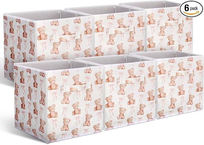 Geelin 6 Pcs Pink Bow Teddy Bear Cube Storage Bins 11 Inch Storage Basket with Handle, Preppy Girls Organizer Basket, Collapsible Fabric Box for Classroom Bedrooms Office Home Decoration Gift