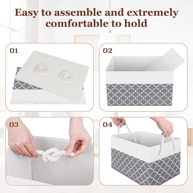 Fab totes Storage Bins 8-Pack, Foldable Storage Baskets for Organizing Toys, Books, Shelves, Closet, Large Storage Box with Rope Handles, Sturdy Organizer Bins,Clover Grey