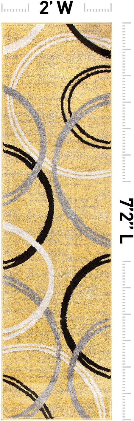 Rugshop Wavy Circles Fade-Resistant Living Room Runner Rug Yellow 2' x 7'2" | Rectangular, Size 2' x 7'2", Bedroom, Dining Room, Home Office, Kitchen, Entryway, Hallway, Nursery, Kids Room, Guest Room