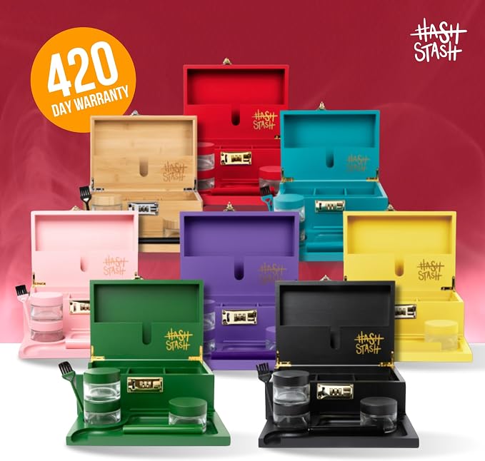 The OG Storage Box - Large Bamboo Box with Combination Lock, Magnetic Lid, Organizer Tray, Airtight Tube, Brush and 3 Glass Jars - Low Profile Decorative Storage Lock Box with Accessories (Red/Gold)