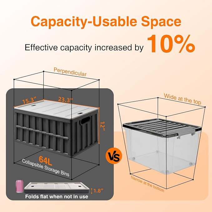 Citylife 64L Collapsible Storage Bins with Lids Plastic Storage Containers for Organizing Stackable Storage Box Large Heavy Duty Utility Crates, 4 Packs