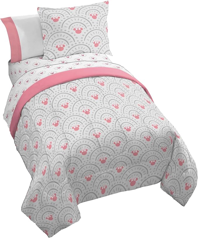 Disney Minnie Mouse Twin Comforter Set 5 Piece Bedding for Girls, Grey | Bed in a Bag, Comforter Sheets Sham Pillowcase, Official Product, Soft Microfiber, Machine Washable, Easy Care, Girls Gift