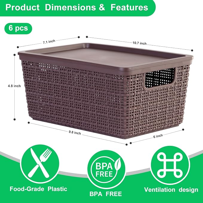 6 Pack Plastic Storage Baskets with Lid,Brown Stackable Bins | Durable Woven Plastic With handle Breathable,Save space ,For Organizing Desktops, Closets, Playrooms, Classrooms, Offices