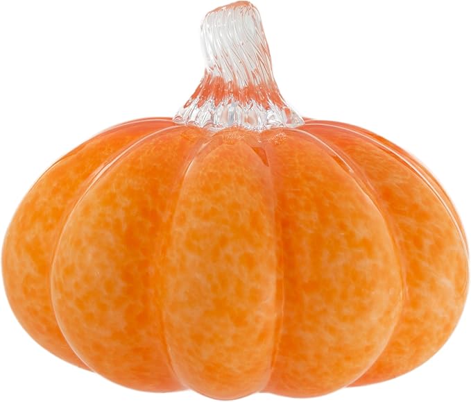 Boston International Handblown Art Glass Pumpkin Thanksgiving Halloween Decorations for Home, Small, Orange