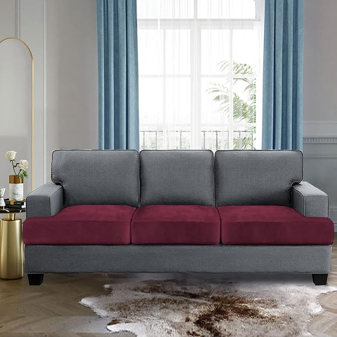 H.VERSAILTEX Stretch Velvet 3 Piece T Cushion Sofa Slipcovers Individually Sofa Cushion Covers for 3 Cushion Couch Seat Cushion Covers for Sofa Seat Cushion Covers Stay in Place(Sofa, Burgundy)