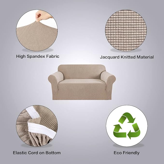 H.VERSAILTEX Stretch Couch Cover Loveseat Covers for 2 Cushion Couch Slipcover|Sofa Cover for Love seat 1 Piece with Elastic Bottom, Checked Jacquard Fabric(Loveseat 58'-70' Wide, Sand)