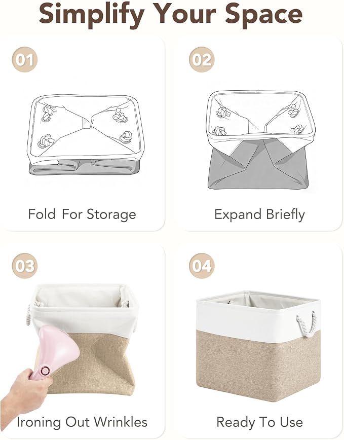 13x15x13 Inch Large Storage Bins with Cotton Rope Handles 6-Pack | Foldable, Top support of metal frame, Bottom with Cardboard Support, Fabric Cube Storage Bins for Closet, White Khaki