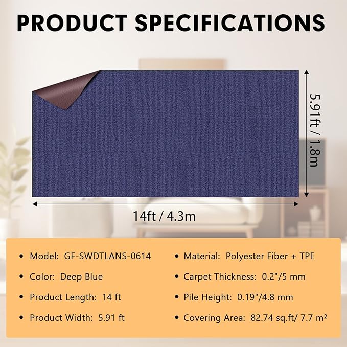 Grefinity Marine Carpet,6 FT x 14 FT Deep Blue Indoor Outdoor Carpet 0.2" Thick Boat Rug with Water-Proof TPE Backing for Home, Patio, Porch, Deck