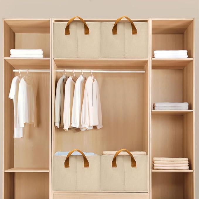 4 Pack Closet Cloth Storage Bins with Handles (Beige 15''L x 10''W x 8''H)