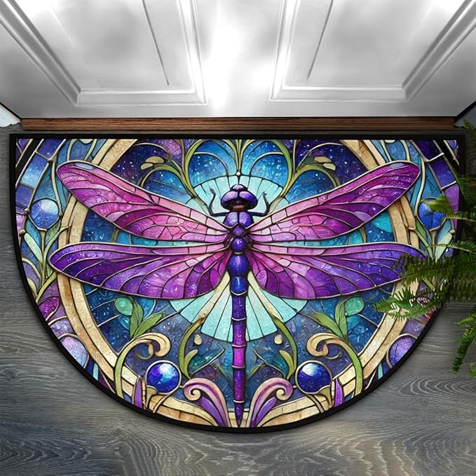 Purple Dragonfly Glass Painting Half Round Mat Half Moon Door Rug Washable Durable Semi Circle Carpet Floor mats for Indoor Outdoor Bathroom Kitchen Patio Hearth Rug Laundry Room Home Decoration