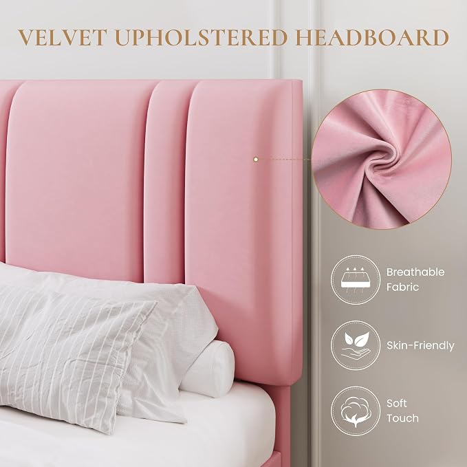 SHA CERLIN Queen Size Velvet Bed Frame with Adjustable Headboard, Pink | Vertical Channel Tufted Design, Upholstered Platform Bed, Wood Slats Support/No Box Spring Needed/Easy Assembly