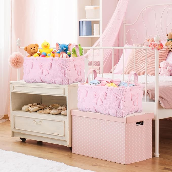 2 Pcs Pink Bow Storage Baskets 14x10'' Back to School Gift Baskets Foldable Fluffy Laundry Storage Bin with Handle Coquette Closet Organizer for Preppy Dormitory Countertop Tabletop Shelf