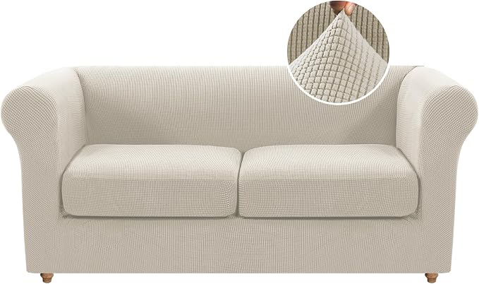 H.VERSAILTEX 3 Piece Loveseat Cover Stretch Chesterfield Loveseat Covers for 2 Cushion Couch Non Slip Mid Century Deep Seat Couch Cover Washable, Thicker Jacquard Fabric(Medium Sofa, Island Fossi)