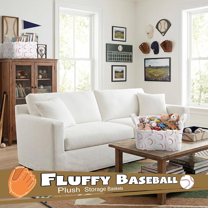 2 Pcs Baseball Storage Baskets 14x10'' Back to School Gift Basket | Sport, Foldable, Fluffy, Laundry, Storage Bin with Handle, Closet Organizer, Preppy Dormitory, Classroom, Bathroom, Shelf