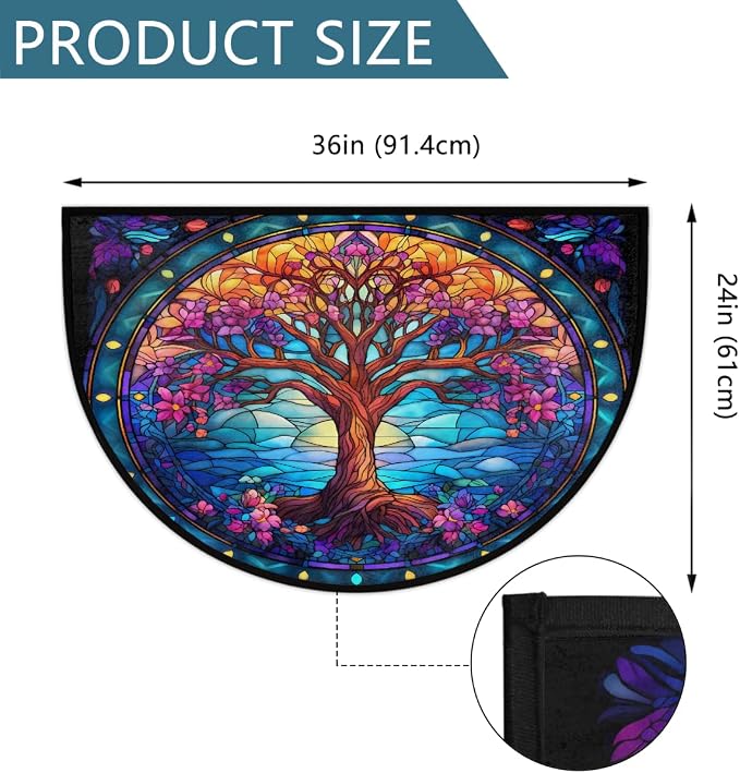 Tree of Life Half Round Door Mat Non Slip Half Circle Rugs | Art Rainbow Washable Half Moon Rug Semi Circle Rugs Indoor Entrance Floor Carpet for Kithen Bedroom Fireplace Decor