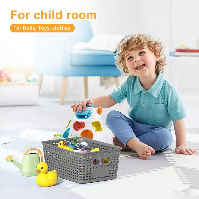 8 Pack Plastic Storage Baskets,Gray Stackable Storage Bins | 5.3qt Storage Containers with Labels for Organizing Shelves Drawers Desktop Closet Playroom Classroom Office