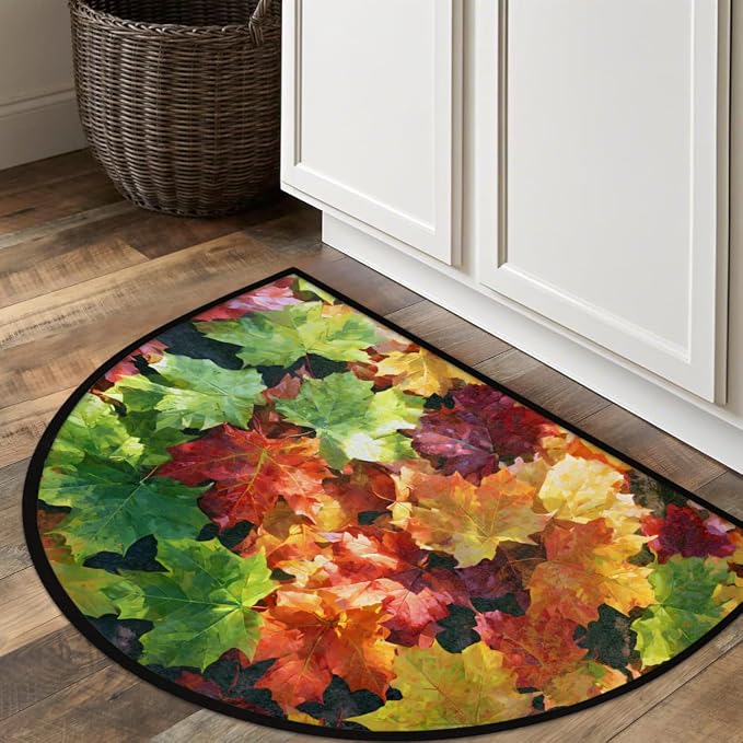 Autumn Half Round Door Mat Welcome Entrance Mat Bath Bathroom Rug C1 | Autumn Fall Maple Leaves Welcome Entrance Mat Anti-Slip Half Moon Bath Mat Semi Circle Rug Indoor Outdoor Kitchen Rug