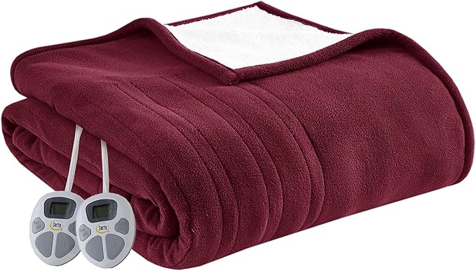 Serta Heated Blanket Queen - Reversible Fleece Heating Blanket, Berry Red | Dual-Layer Heated Throw Blanket With 5 Heat Settings & Auto Shut Off, Machine Washable, ETL Certified