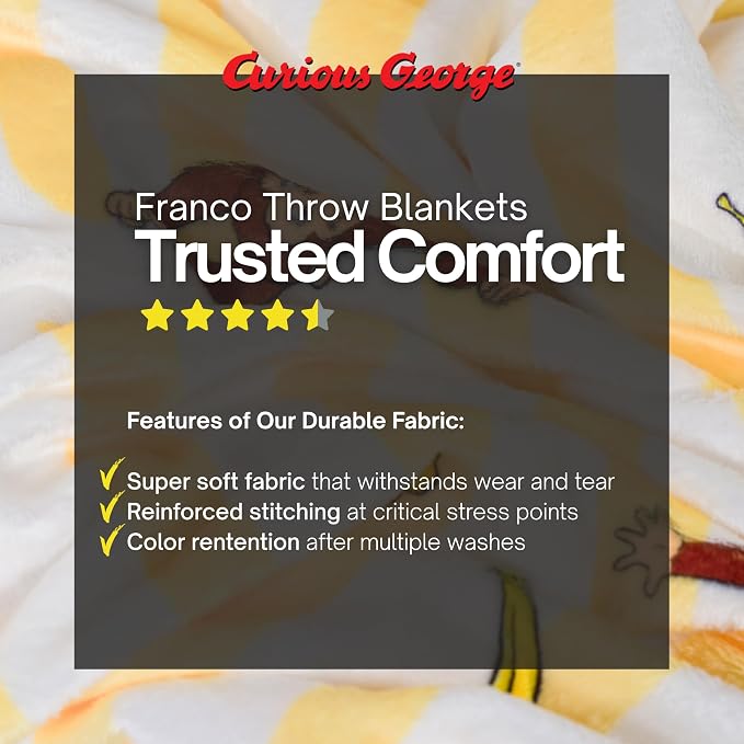 Curious George Monkey Kids Throw Blanket, 46 in x 60 in, Soft Cozy Decorative Blanket for Couch, Bed, or Travel (Officially Licensed Product) by Franco
