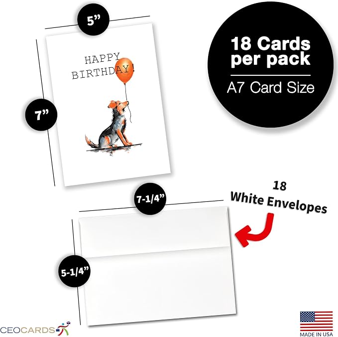Happy Birthday Cards Bulk Greeting Card Set (Dog Lover) 18 Pack & White Envelopes - 5x7 Inch Birthday Theme for Family, Women, Men, Coworkers & Office (B2401)