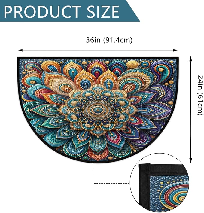 Mandala Half Round Door Mat Semi Moon Rug Fireplace Carpet Area Rugs | Gold Elegant Non Slip Absorbent Half Circle Mat Carpet for Indoor Outdoor Patio Kitchen Bathroom Entryway Home Decor