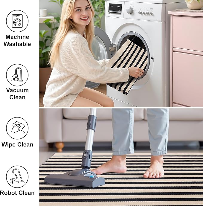 OLANLY Beige and Black Striped Rug 2' x 4'3" (24" x 51") – Washable Cotton Doormat for Indoor Outdoor Use, Layered Front Porch Rug for Entryway, Kitchen, Patio