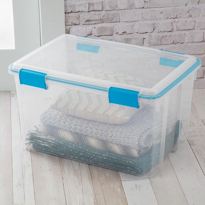 Sterilite Gasket Storage Box with Lids for Home & Office, 54 Quart, 8-Pack | Heavy-Duty, Stackable, and Organizing Containers for Bathroom, Cabinet, Closet, and Garage, Clear and Blue Aquarium Latches