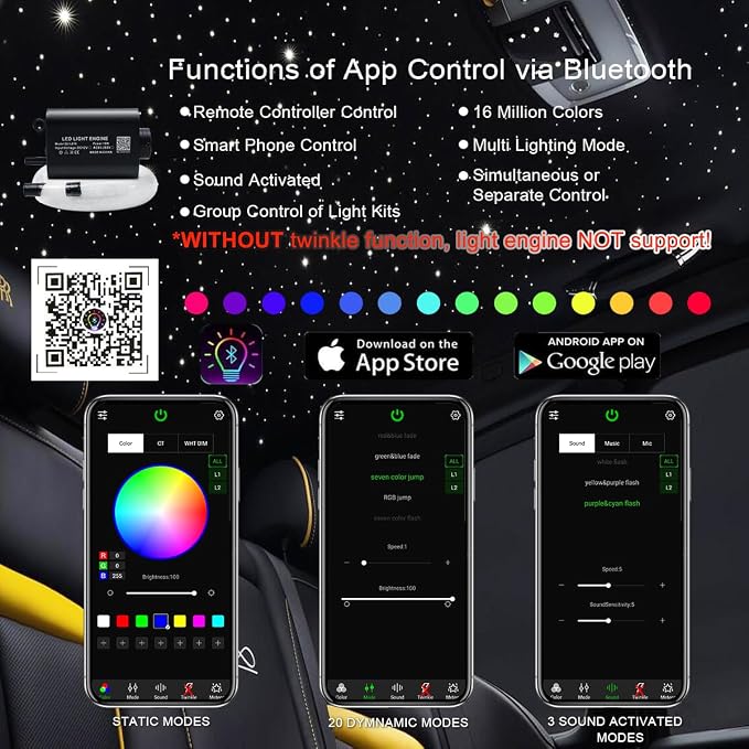 AKEPO 16W Starlights Headliner Kit Fiber Optic Star Lights Kit, Mixed Dia. 295pcs(0.75+1+1.5mm) 9.8ft/3m Optical Fiber Strands APP/Remote Control Music Activate Car Home Use Optical Fiber Light Kits