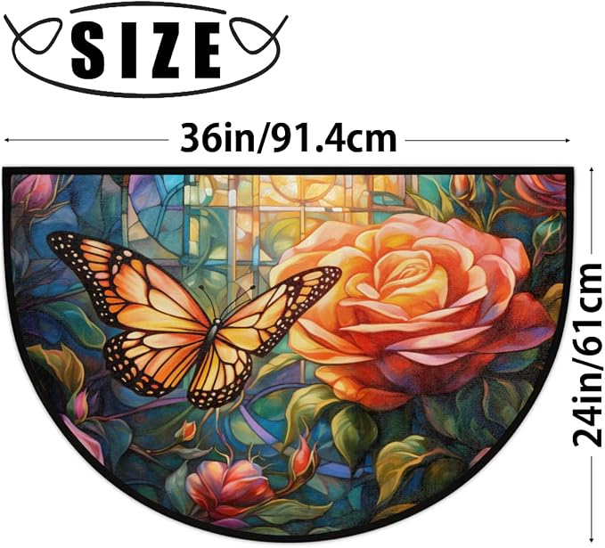 Pardick Vintage Butterfly Rose Anti-Slip Semi Circle Rug - 24X36, Washable Decorative Floor Mat for Kitchen Bathroom Hearth Fireplace