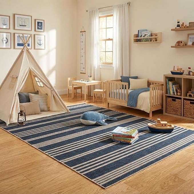 COZYLOOM Washable Living Room Rugs 9x12 Striped Easy Jute Rug with Non Slip Backing, Modern Stain Resistant Farmhouse Rugs for Patio Non Shedding Mats for Dining Room, Bedroom, RV, Navy Blue