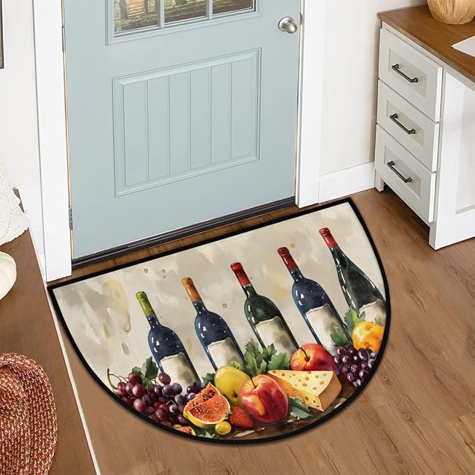 Grape Half Round Rug Half Moon Door Mat Half Circle Rugs | Fruit Wine Washable Non-Slip Semi Circle Rug Welcome Half Round Door Mat Indoor Entrance Kitchen Bedroom Living Room Decor