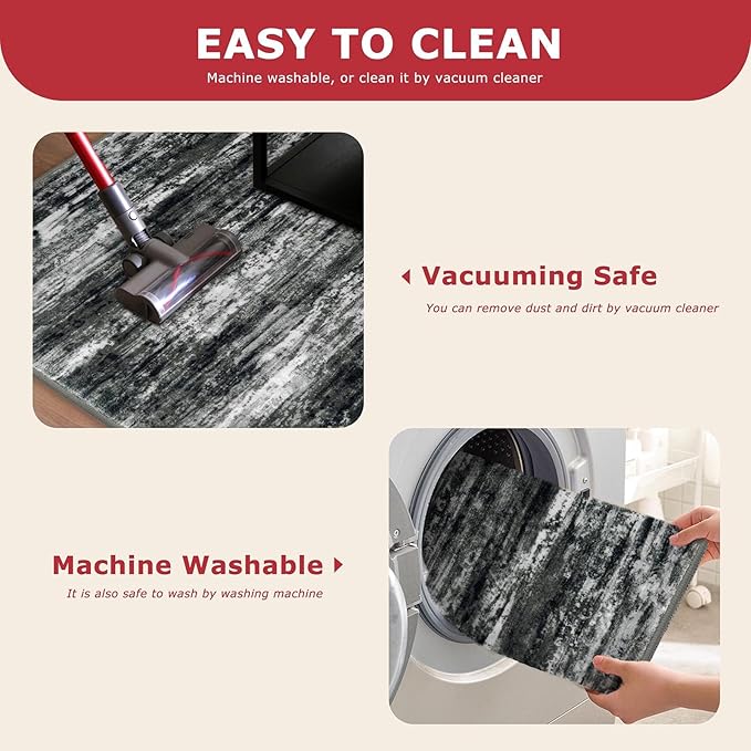 KOZYFLY Modern Abstract Runners for Hallways 2x12 Washable Rug Runner Non-Slip Soft Striped Kitchen Runner Rug, Black Grey Print Carpet Runner for Entryway Bathroom Laundry Room Foyer