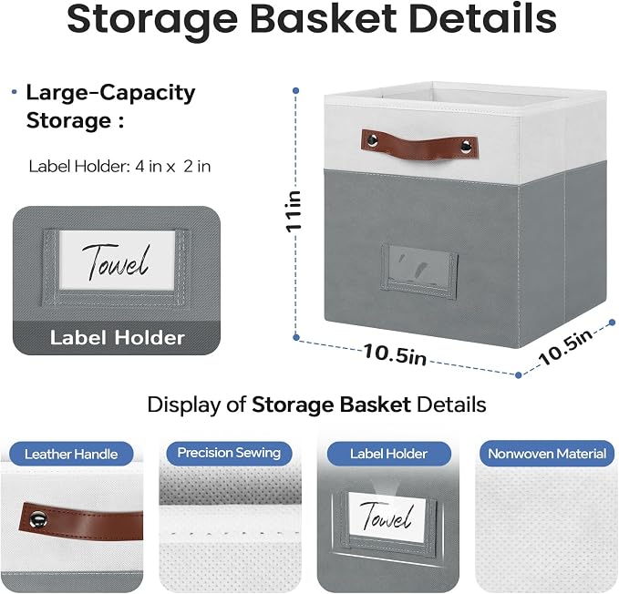 FinishingBo 10.5" x 11" Storage Bins with Labels 6 Pack | PU Leather Handles, Foldable Storage Cubes, Storage Baskets, Closet Storage, White/Dark Grey