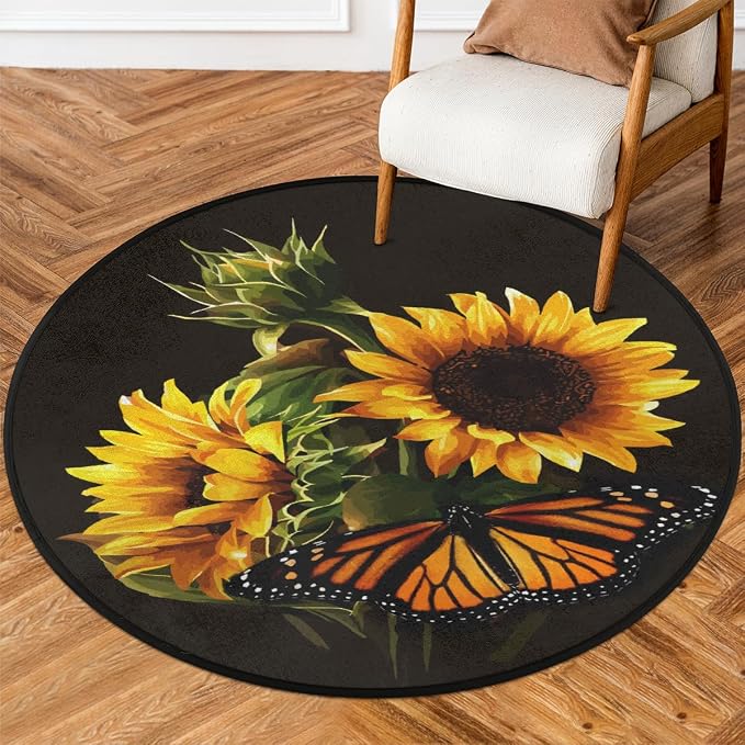Butterfly Sunflower Round Area Rug, Sunflower Pattern Non-Slip Circle Rug for Bedroom Living Room Outdoor Study Playing Floor Mat Carpet, 5.2' Diameter