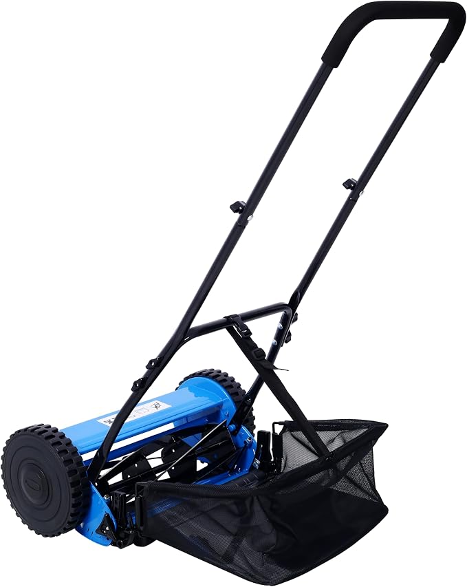 KEIKI 14-Inch Manual Lawn Mower, Push Reel Mowers w/Grass Catcher & Adjustable Cutting Height, 2-Wheels Small Lawnmower with 5 Steel Blades for Graden, Spaces Saving & Easy Assembly, Blue