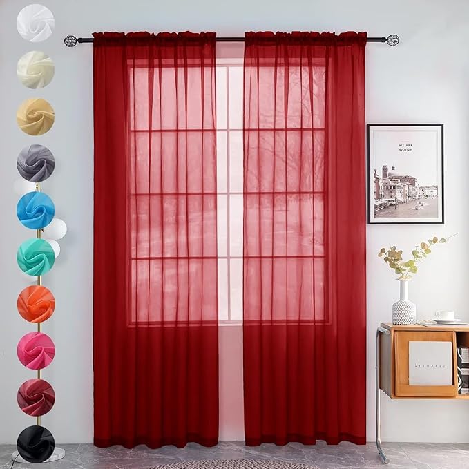 youleyar Solid Sheer Rod Pocket Curtain Voile Draperies 2 Panels White Beige Black Grey Ivory 52 Inch Width 63 Inch Long 1 Pair for Kitchen Bedroom Children Living Room Yard (Christmas Red,52Wｘ63L)