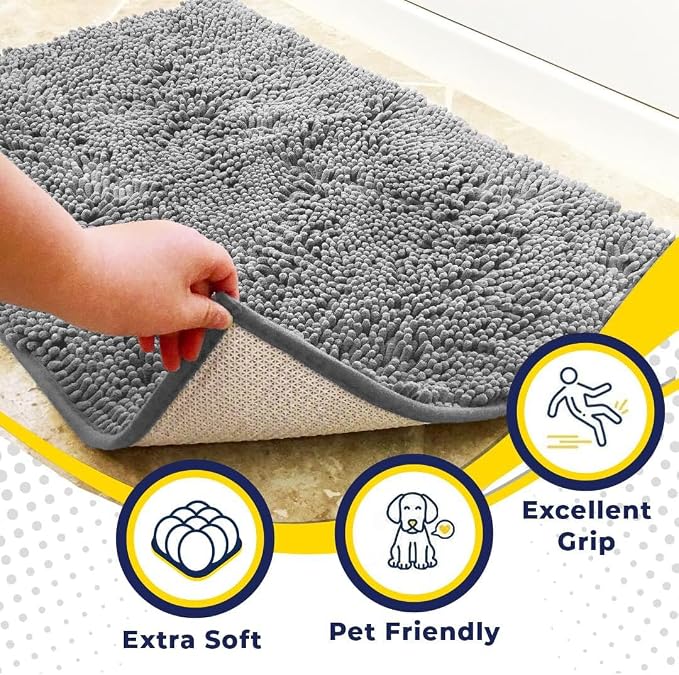 Muddy Mat® | Super Water Absorbent Door Mat Indoor, Microfiber Quick Dry Chenille Entryway Rug, Slip Resistant Front Door Mat, Indoor Mats for Entryway, Machine Washable Pet Rug, Light Grey 3ft x 5ft