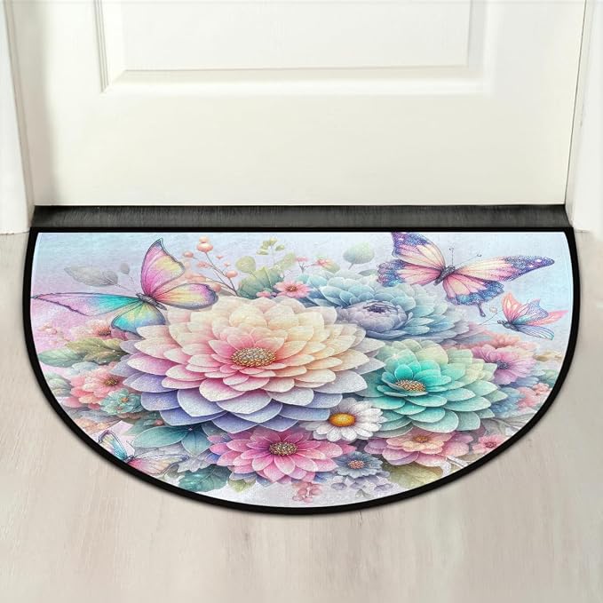 Flower Half Round Doormat Non-Slip Semi Circle Rug Half Moon Mat | Butterfly Rainbow Washable Soft Absorbent Indoor Outdoor Entrance Kitchen Bathroom Sink Patio Welcome Fireplace Floor Rug