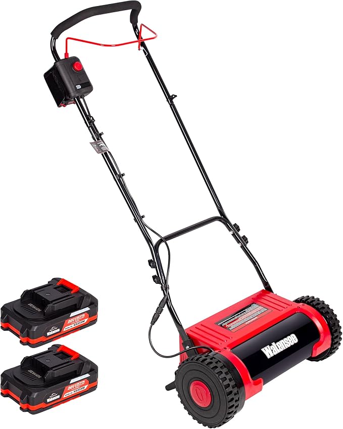Walensee 16-Inch Cordless Electric Reel Lawn Mower with 2 Batteries | 380W motor at 22500 RPM, 5-blade reel at 900 RPM and 4 cutting heights from 0.67 to 1.77 inches for small yards