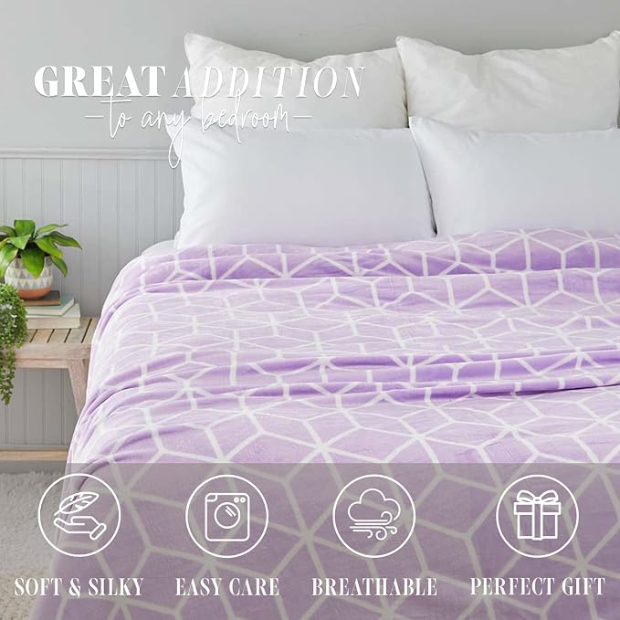 Elegant Comfort Luxury Velvety Feel Blanket, All-Season Lightweight Blanket, Ultra Plush, Soft, Cozy-Fuzzy Flannel Fleece for Couch, Sofa, Bed, Travel, Cube Design, King/California King, Lilac