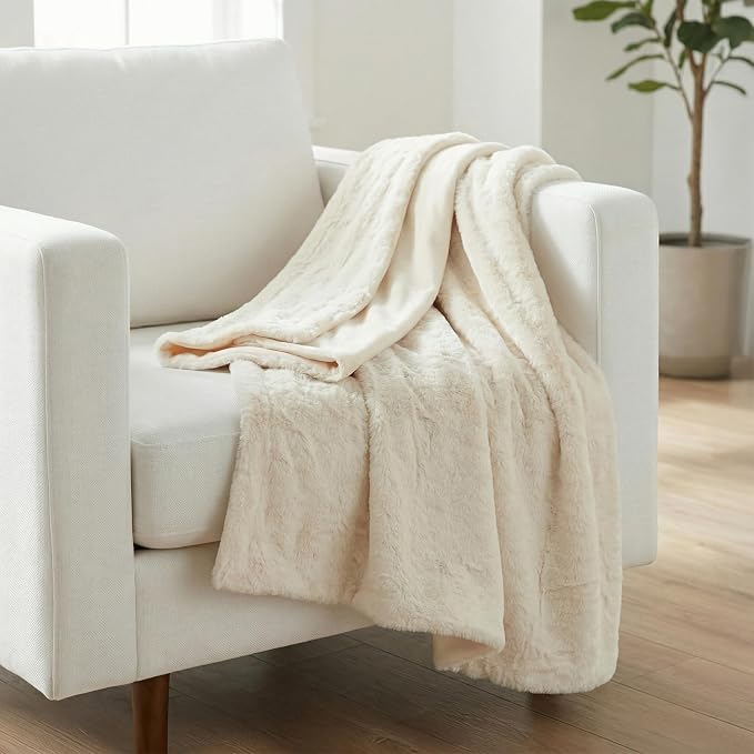 Americanflat Faux Fur Throw Blanket - Luxury 50x60 Extra Soft Plush Rabbit Fur, Reversible & Machine Washable Cozy Throw for Bed, Couch, Sofa, or Living Room Decor - Ivory, Cream, White
