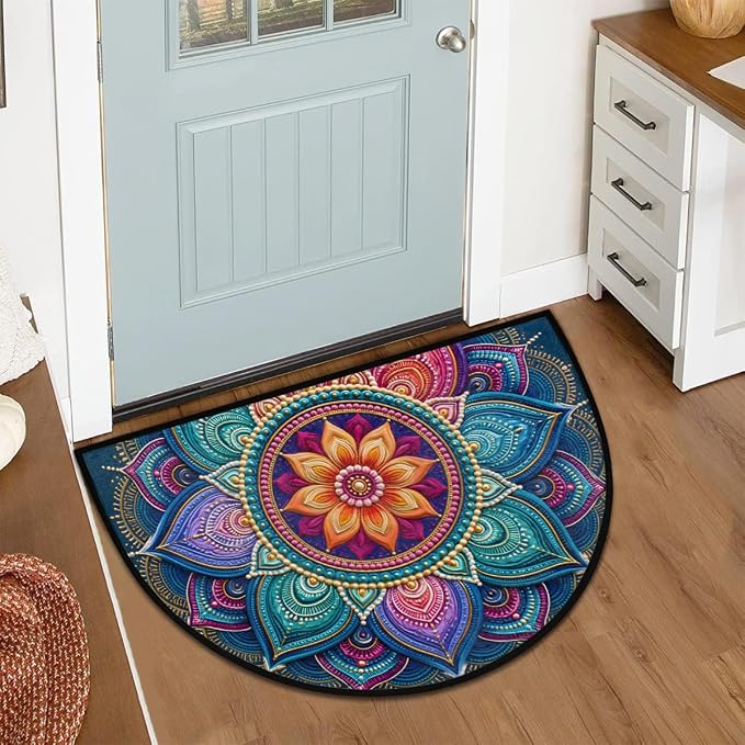 Mandala Half Round Door Mat Semi Moon Rug Fireplace Carpet Area Rugs | Ethnic Color Non Slip Absorbent Half Circle Mat Carpet for Indoor Outdoor Patio Kitchen Bathroom Entryway Home Decor