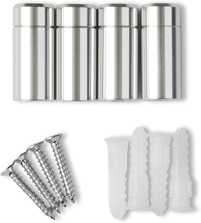 1" Silver Stainless Steel Mounting Hardware for Acrylic Floating Frames (Pack of 4) | 1" Silver Designer Grade Brushed Aluminum Standoffs for Floating Frames, Corrosion-Resistant, with Screws & Anchors